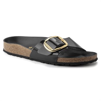 Ladies Birkenstock Madrid Big Buckle Natural Leather Patent Sandal in High Shine Black